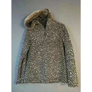 Women's Athleta brown & White Polka Dot Hoodie Size S with faux fur hood 22wool